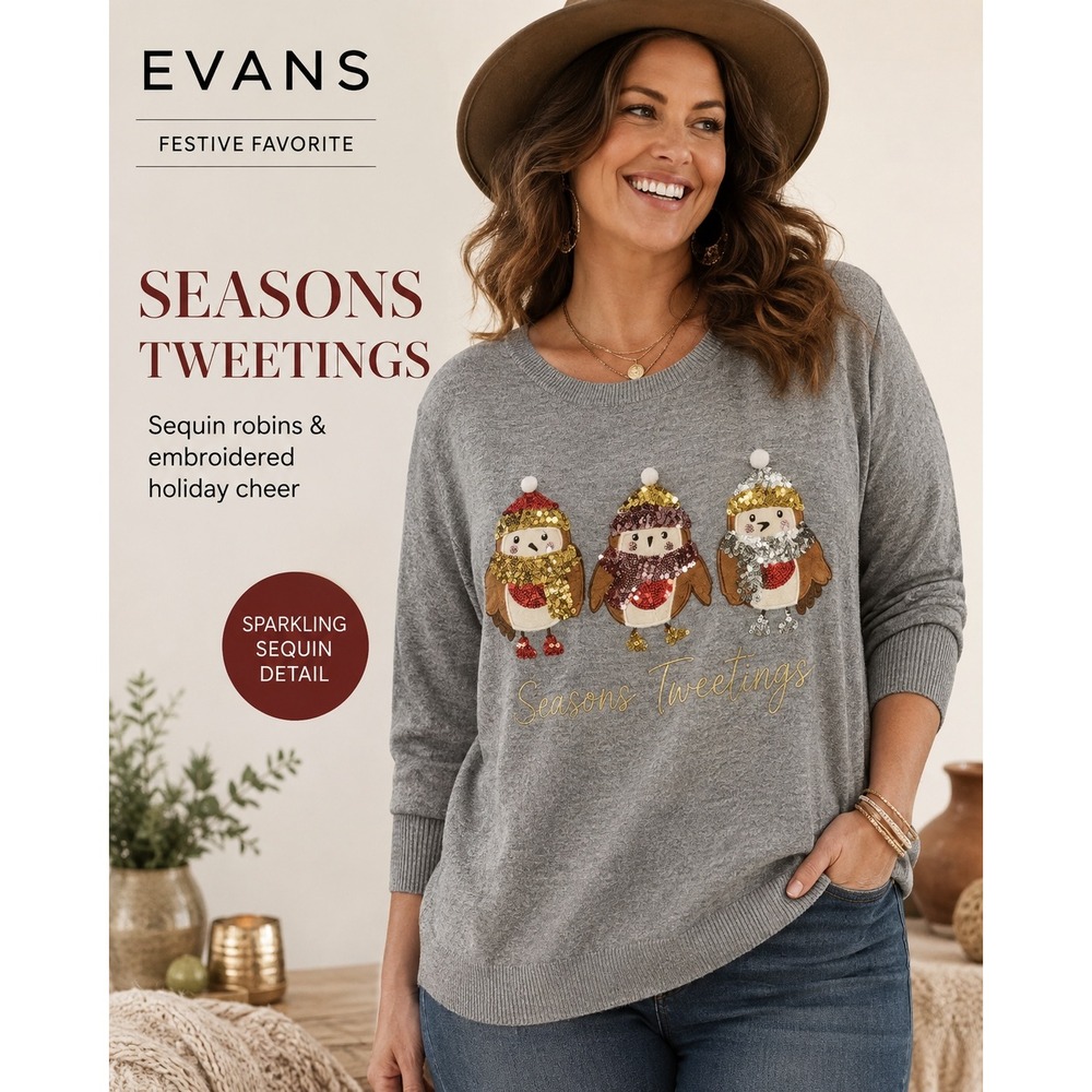 NEW EVANS Grey Sequin Robin Christmas Sweater Seasons Tweetings Plus Size 26 28
